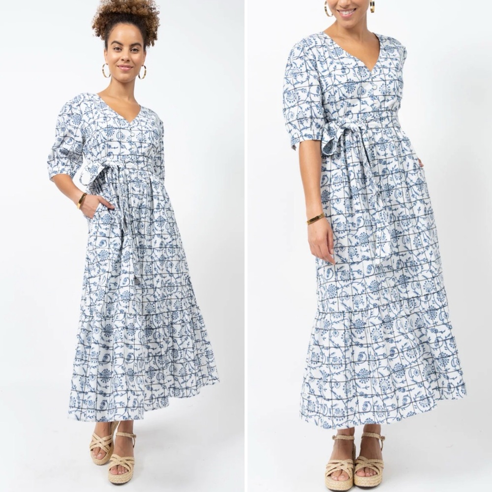 Uncle Frank Small White Blue China Pattern Half Sleeve Belted Midi Dress Anthro - Picture 2 of 9